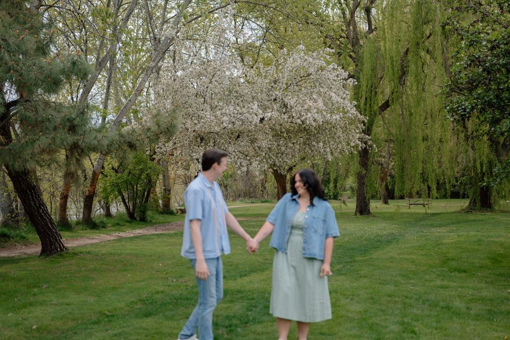 A couple holds hands while walking through a spring garden with blooming cherry trees and willow branches.