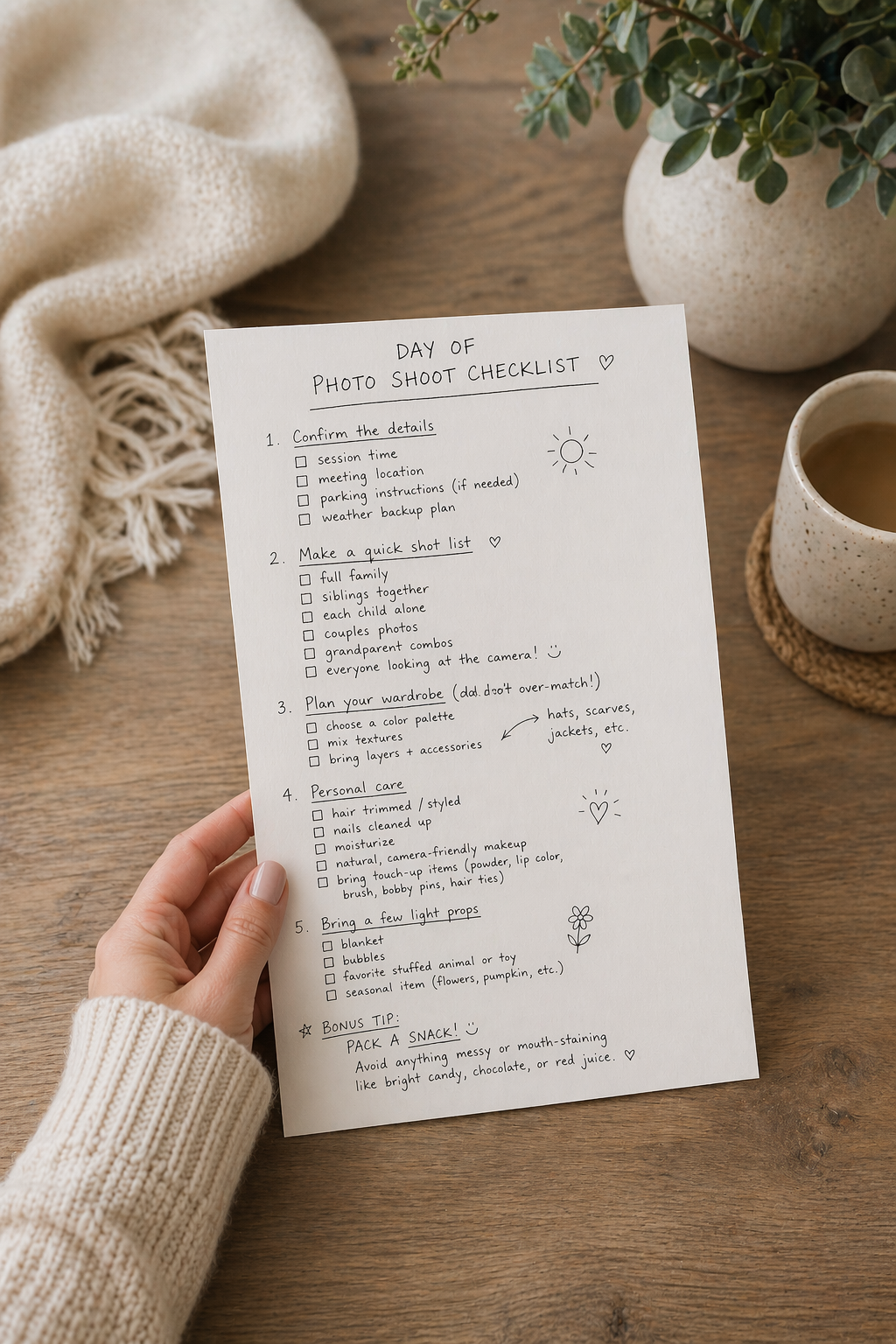 Hand holding a Day of Photo Shoot Checklist printable guide with tips for a relaxed, enjoyable session.