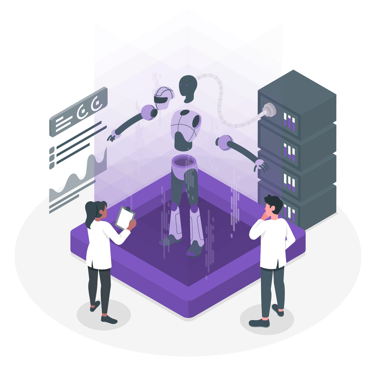 Isometric illustration of two scientists examining a humanoid AI robot in a technology laboratory setting.