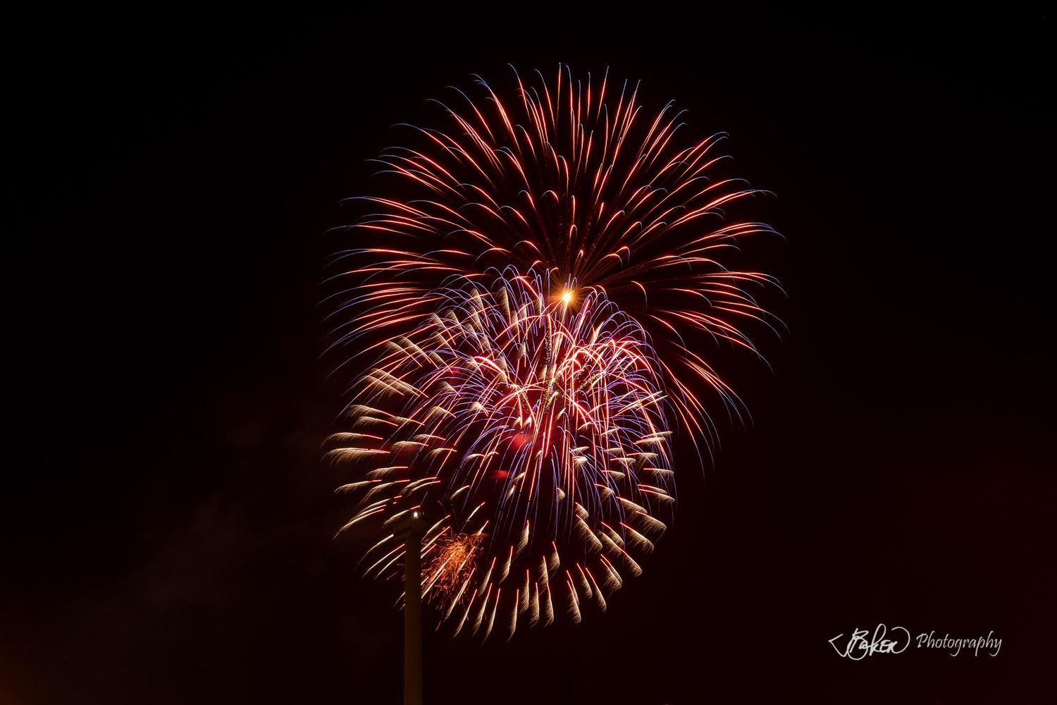 Vibrant red and gold fireworks burst against a dark night sky in a stunning Fourth of July celebration display.