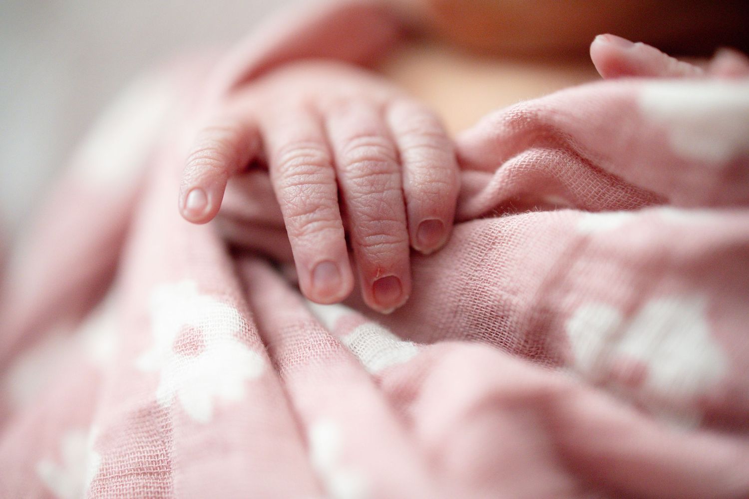 Close-up of a newborn baby's tiny hand resting on a soft pink floral blanket at Parkwest Medical Center in Knoxville, TN.