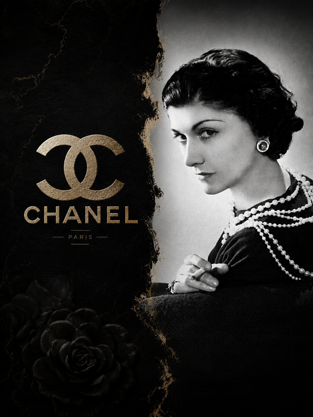 Vintage black and white portrait of Coco Chanel with pearl necklace beside the iconic gold Chanel Paris logo on dark background.