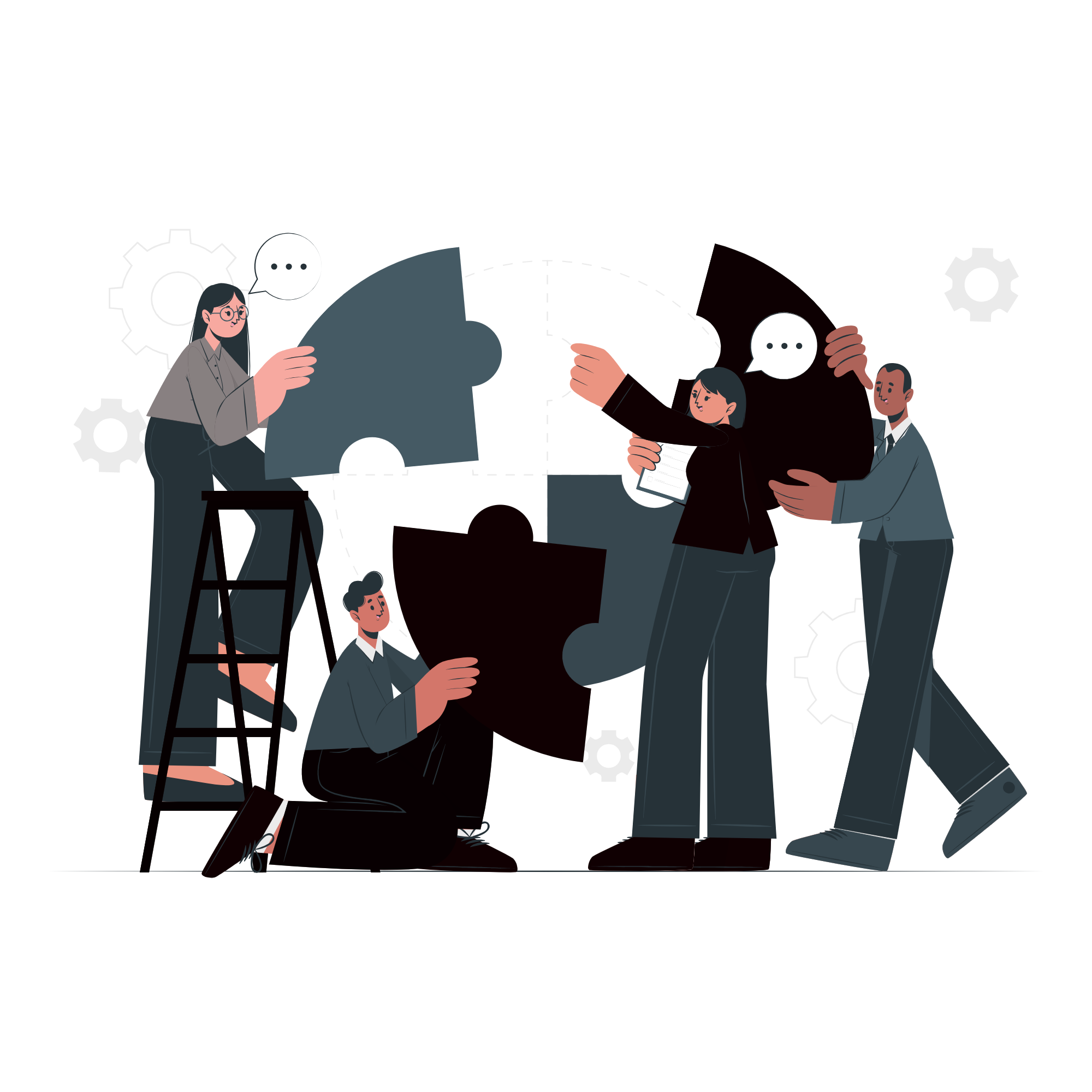 Team of diverse business people collaborating to assemble large puzzle pieces, symbolizing teamwork and problem-solving.
