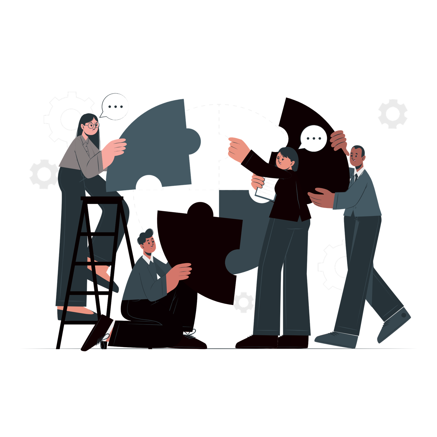 Team of diverse business people collaborating to assemble large puzzle pieces, symbolizing teamwork and problem-solving.