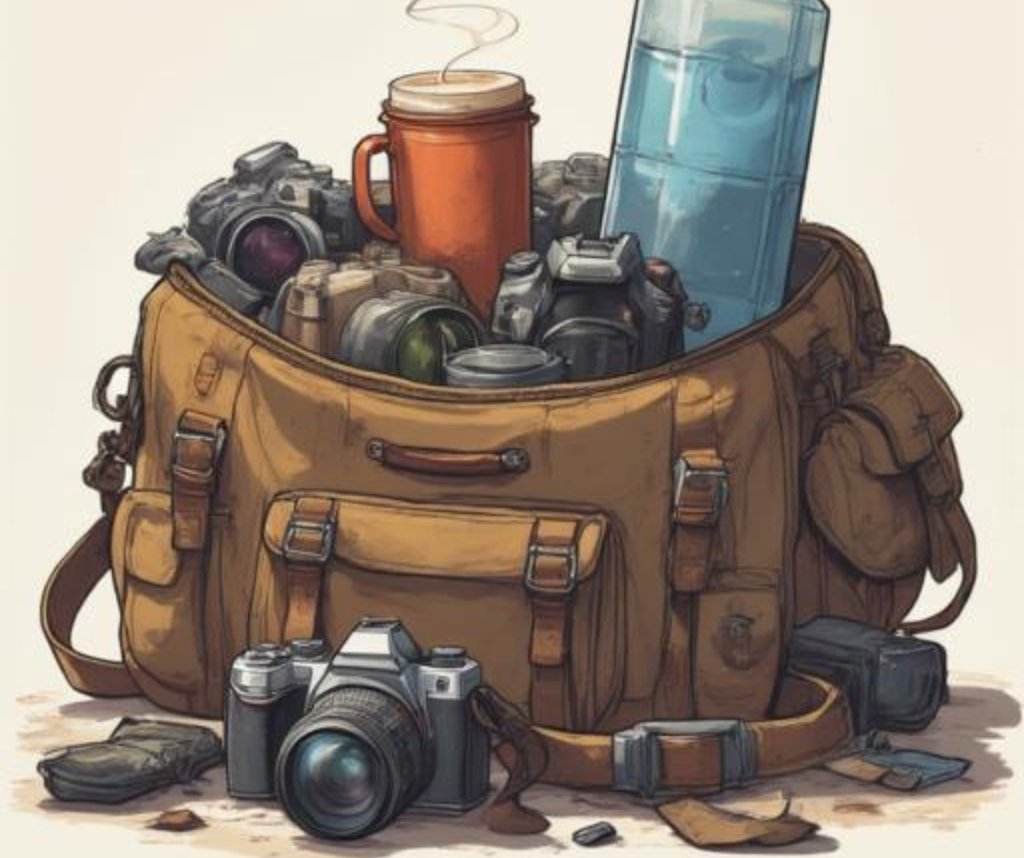 Professional camera gear and lenses arranged on wooden background showing photography equipment collection.