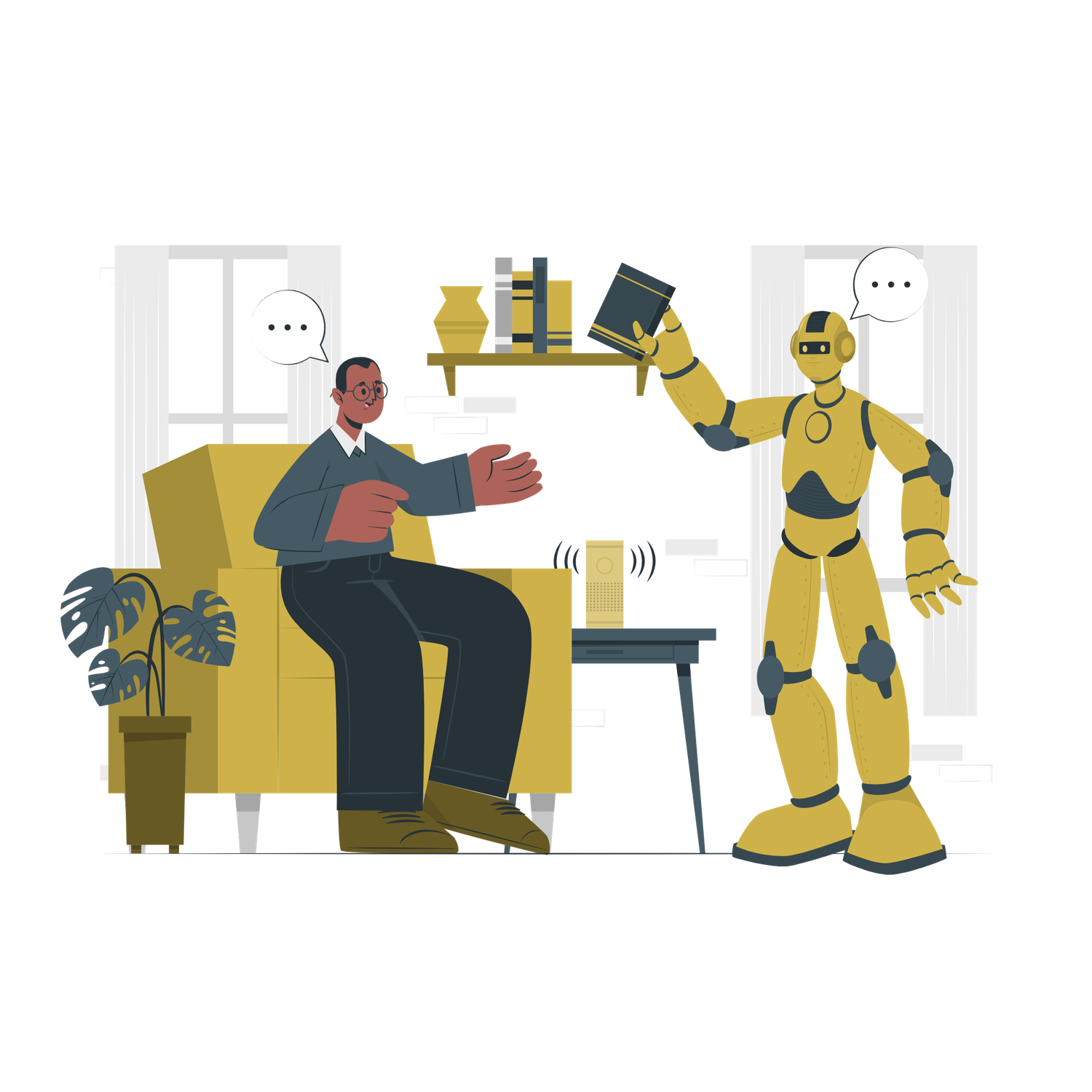 A man sitting in a yellow armchair converses with a humanoid robot holding a book in a cozy living room.
