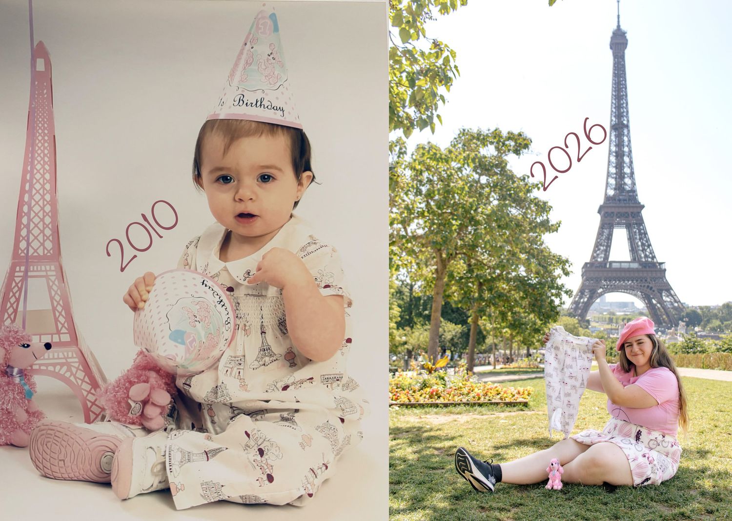 Side-by-side photos of a baby in 2010 and a young woman in 2026 posing with Eiffel Tower, family photography, graduate photography