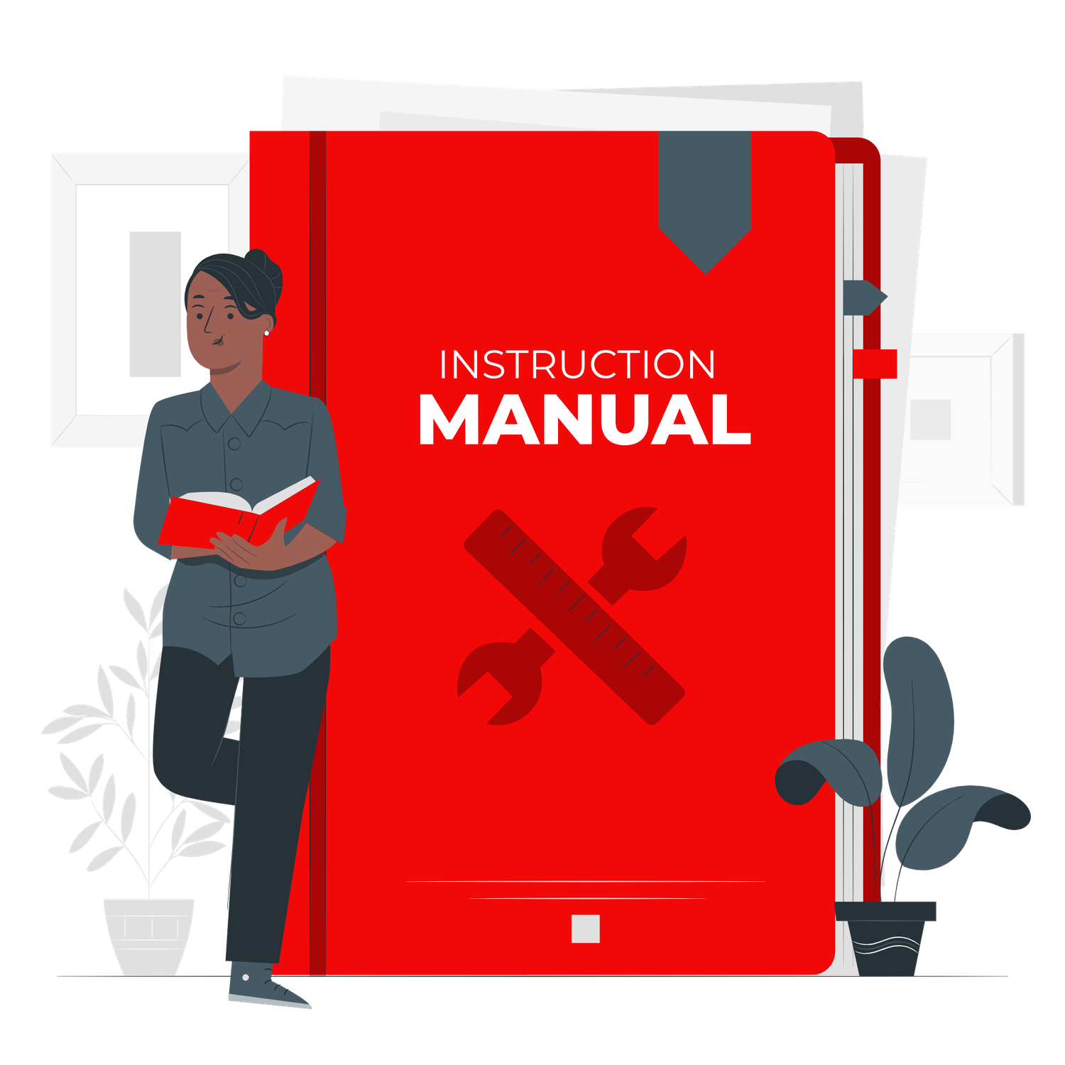 A woman reads a book beside a large red instruction manual with tools icons, ideal for DIY guides.