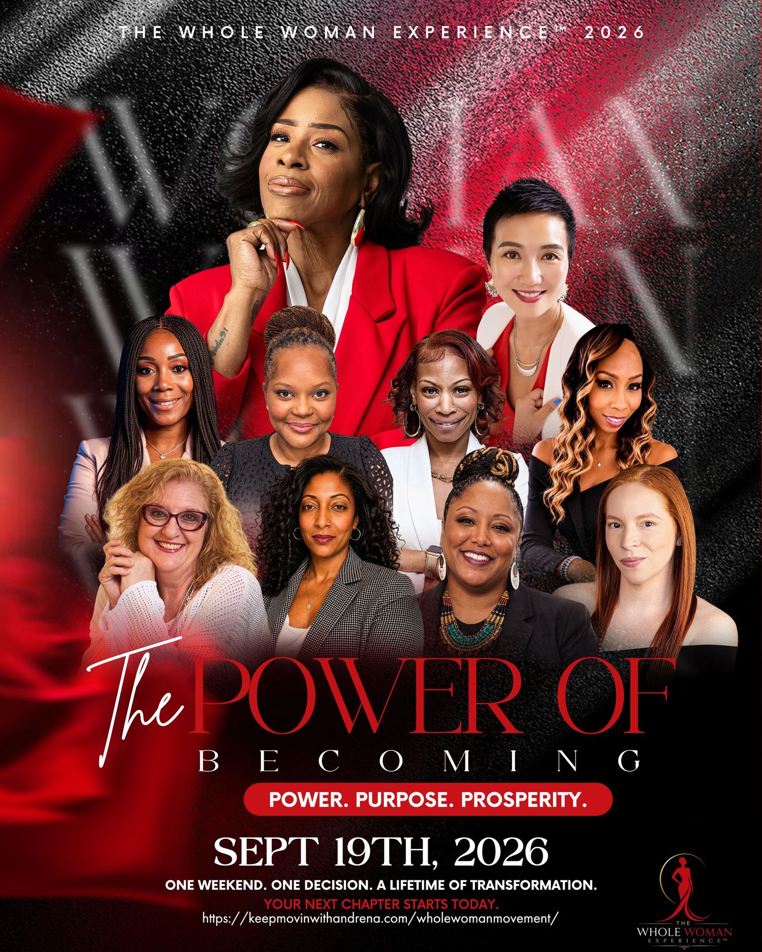 The Whole Woman Experience 2026 event poster featuring The Power of Becoming with Power, Purpose, Prosperity on Sept 18-19.