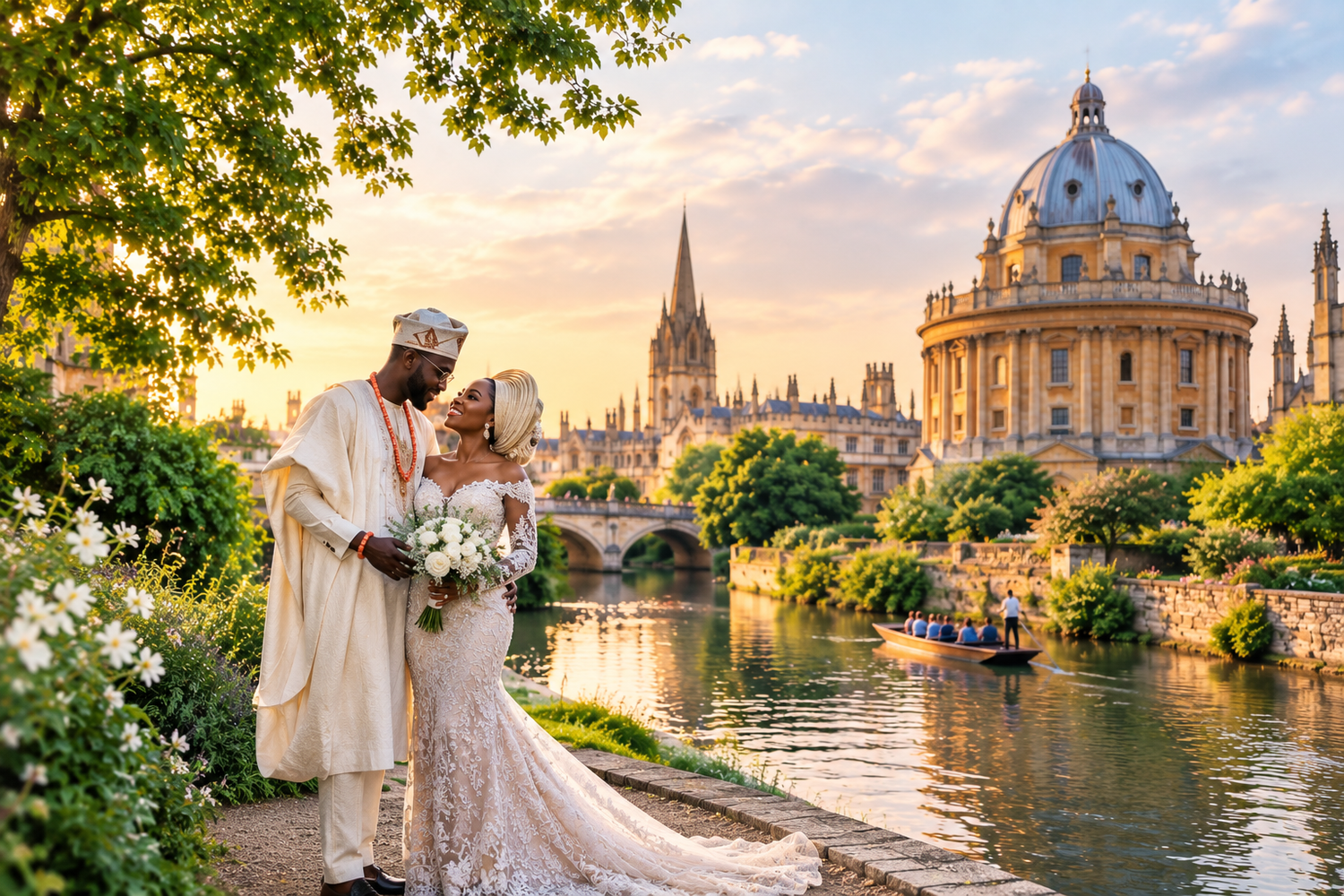 Couple in traditional attire poses by Oxford river with Radcliffe Camera dome at golden sunset.