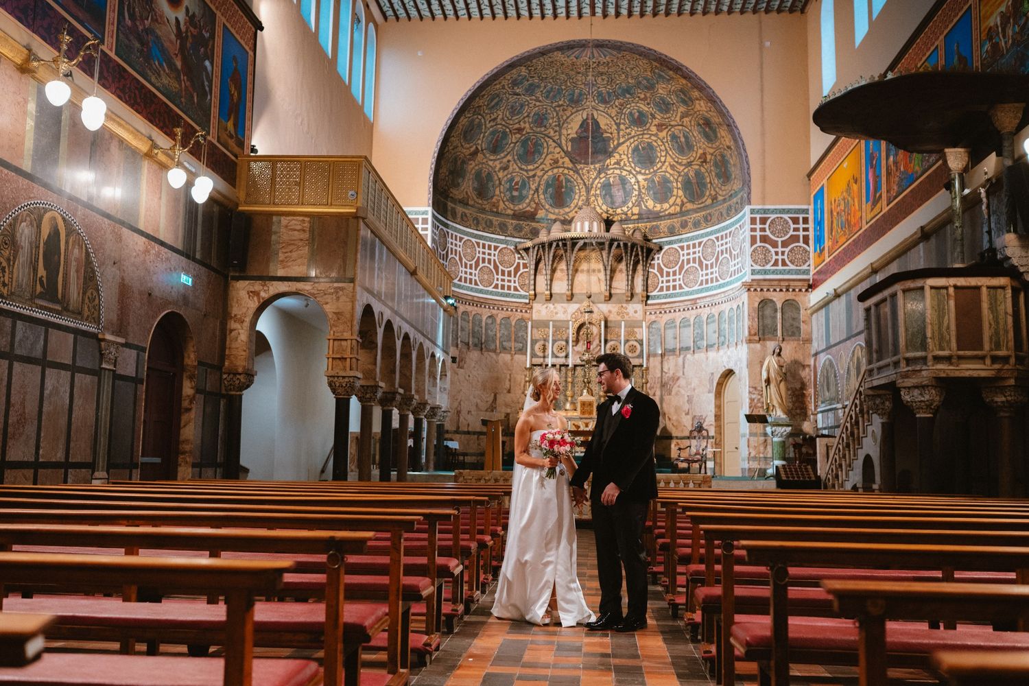 Chelsey and Nathan together inside the church on their Dublin wedding day.