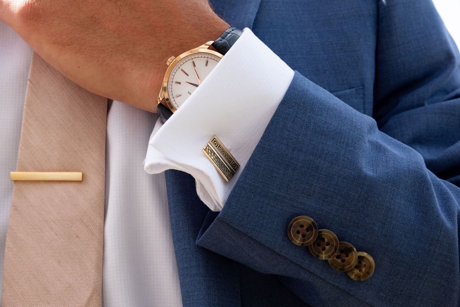 Groom blue wedding suite watch tie clip cufflink Leah Ramuglia Photography wedding details
