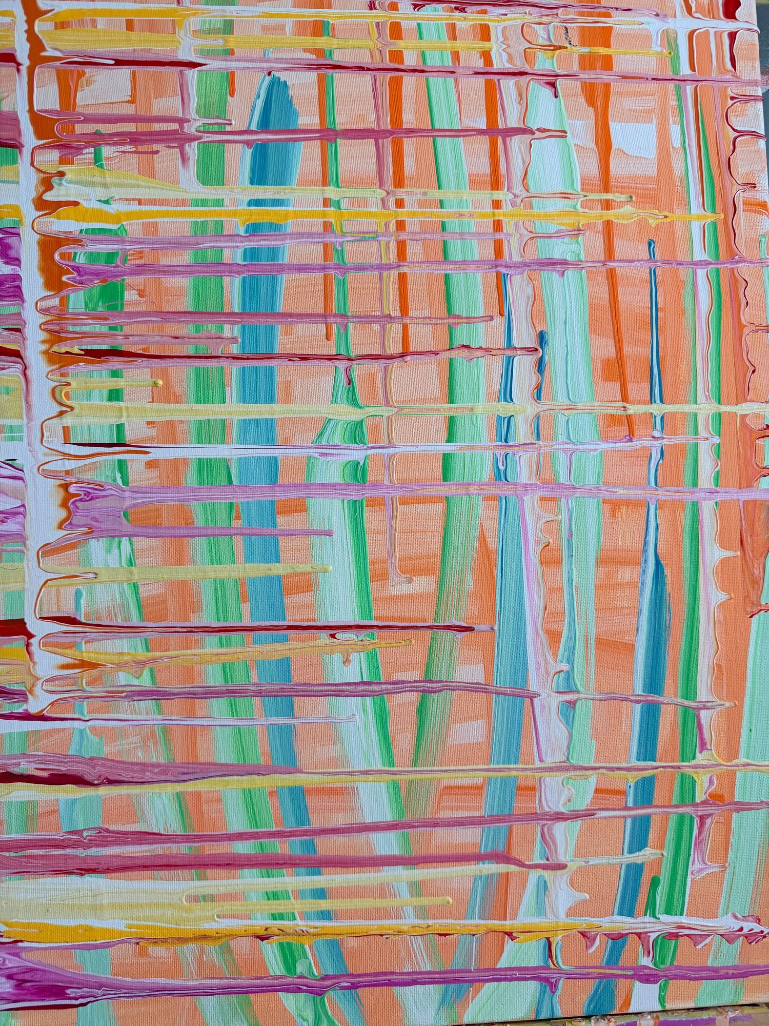 Vibrant abstract painting with colorful vertical streaks in pink, green, teal, and orange on a warm peach background.