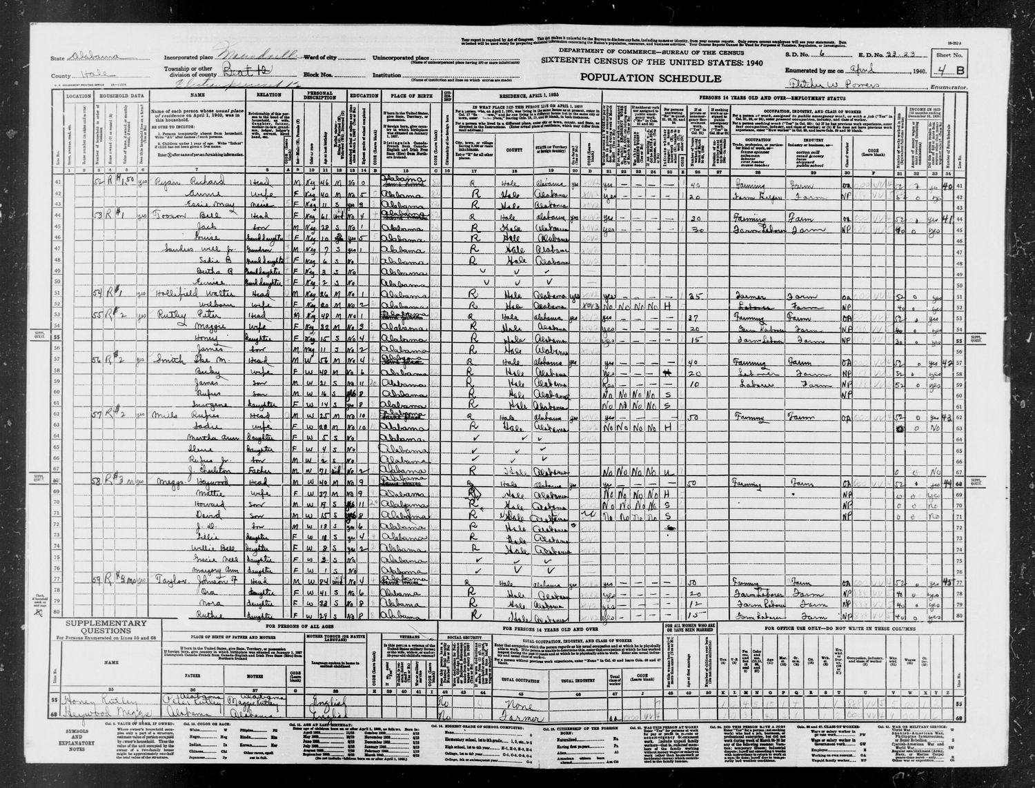 A 1940 US Census population schedule document showing handwritten demographic data in rows and columns.