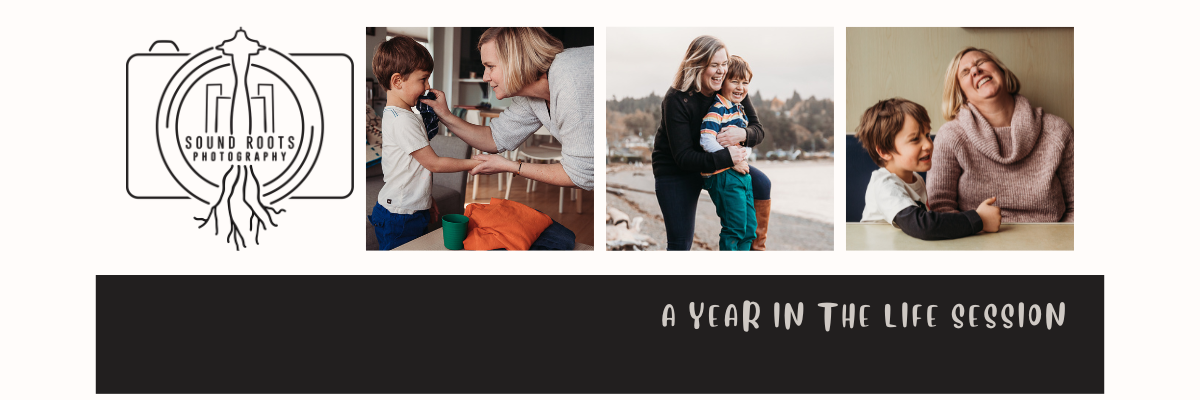 Photography studio banner with logo and four lifestyle photos showing casual indoor sessions.