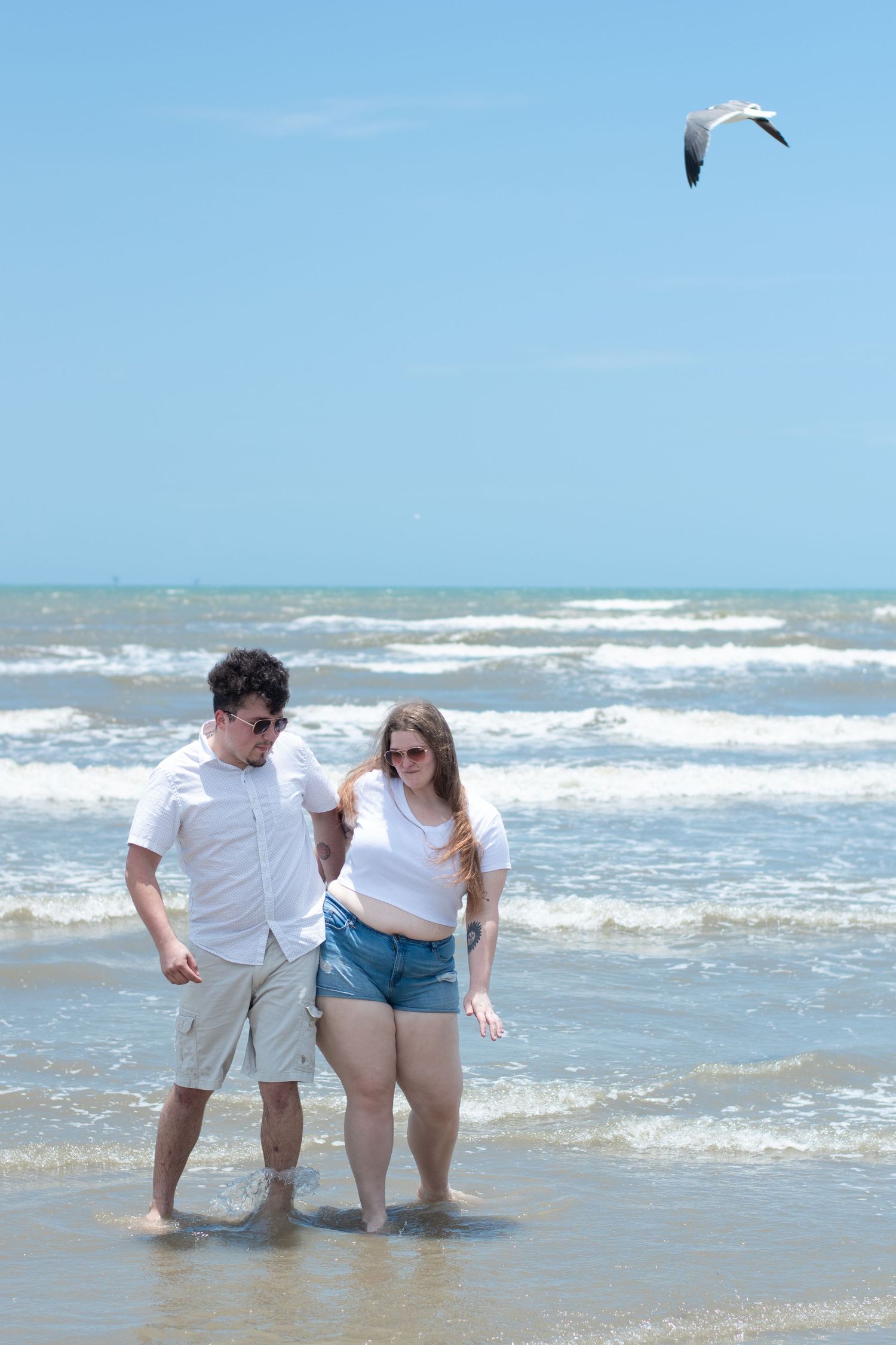 Couple standing in shallow ocean water as seagull soars above on sunny day.