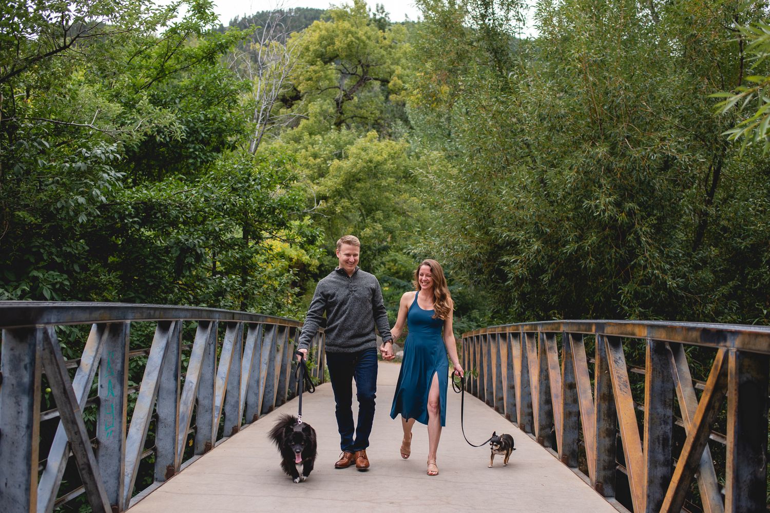 Couple walking their two dogs across a wooden bridge surrounded by lush greenery.