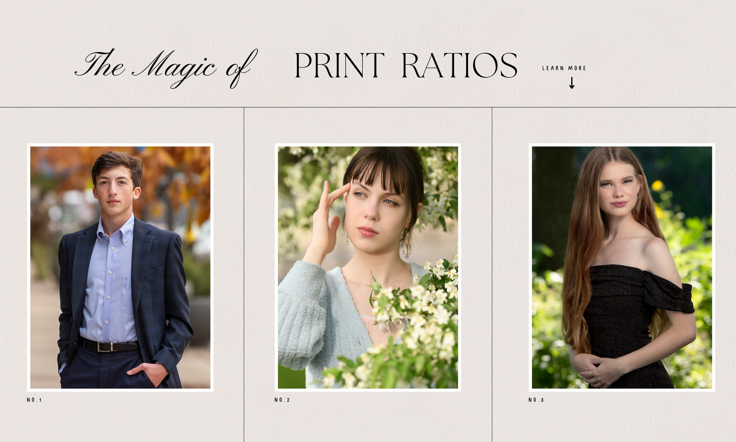 Three sample portrait photography images showing different print ratios and styles.