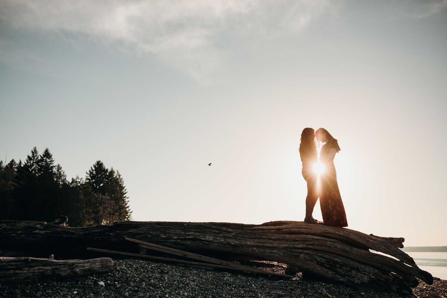 Two silhouettes stand together on a rock formation against a bright sunset sky.
