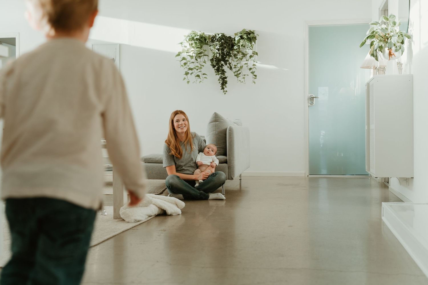 Minimalist white interior scene with plants and natural lighting.