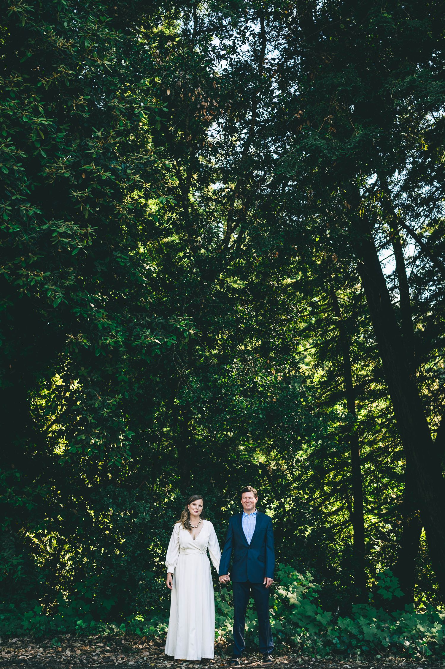 Bride and groom standing in the redwood forest
