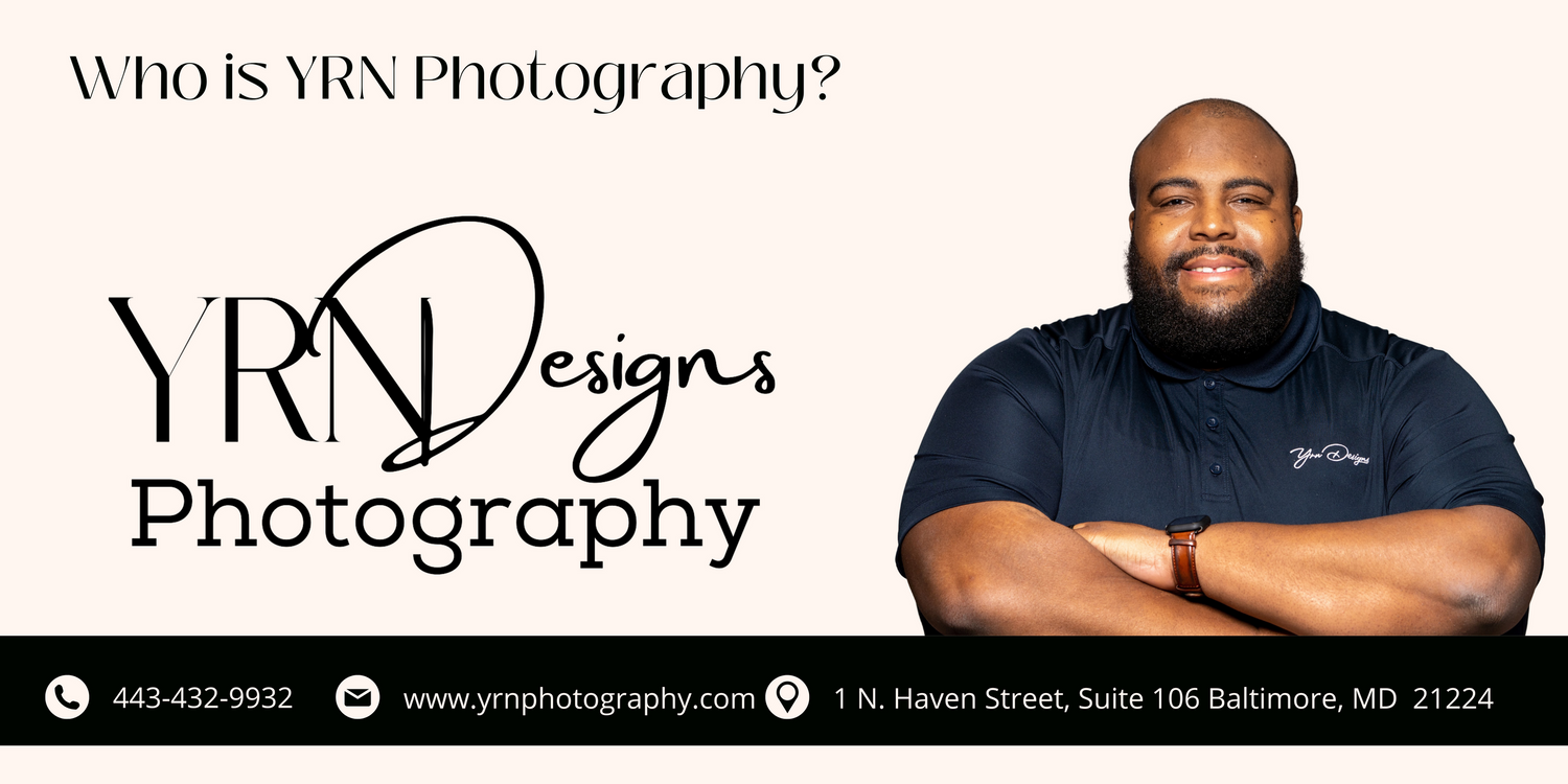 Professional photography business card design with YRN Designs logo and contact information.