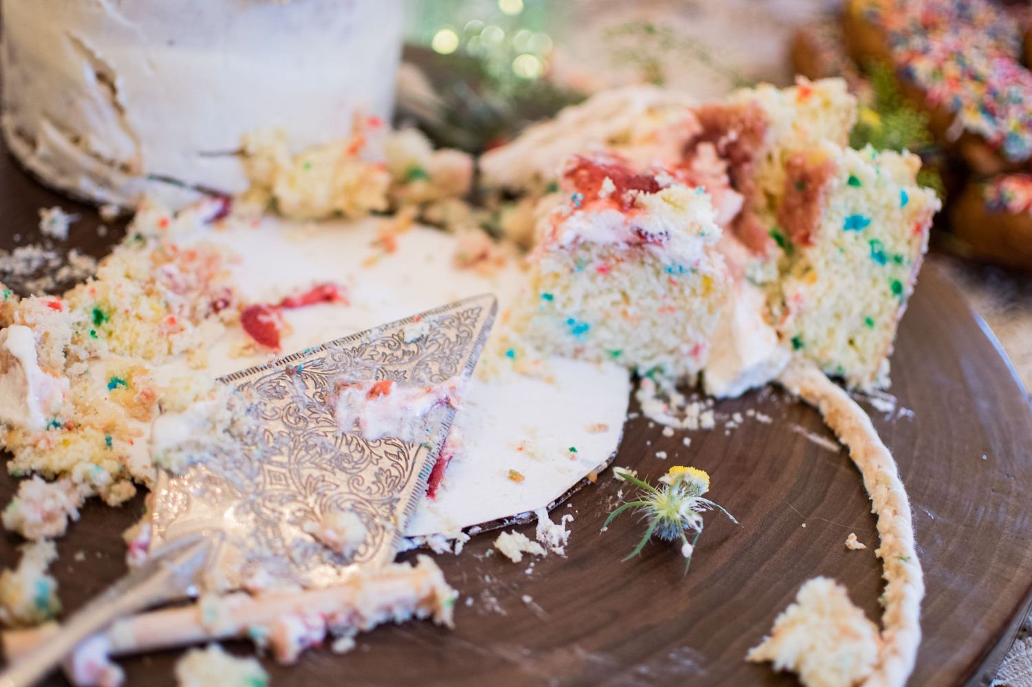 Colorful smashed cake debris with sprinkles scattered across a dark wooden surface.