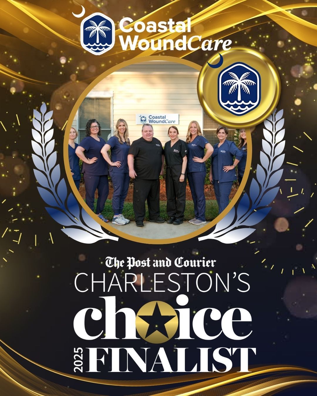 Medical professionals in blue scrubs gather at WoundCare clinic with golden decorative elements and branding on display.