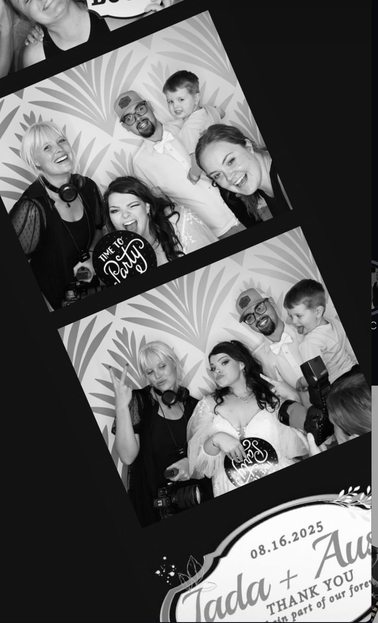 Black and white photo booth strip showing multiple candid shots of people posing and laughing together.