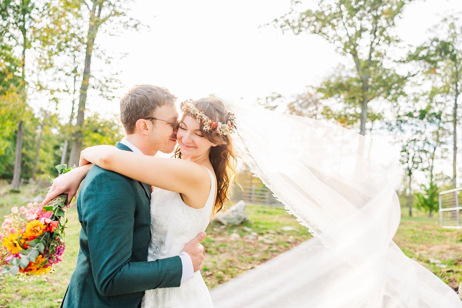A wedding couple shares romantic kisses outdoors surrounded by autumn trees and sunlight in a panoramic collage.