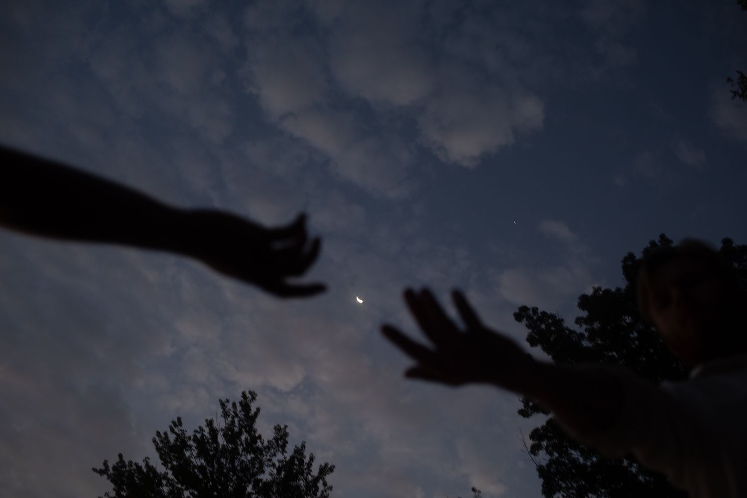 Blurred hands reaching under moonlit sky, surrounded by trees—symbolizing connection, intimacy, and non-traditional wedding vibes.