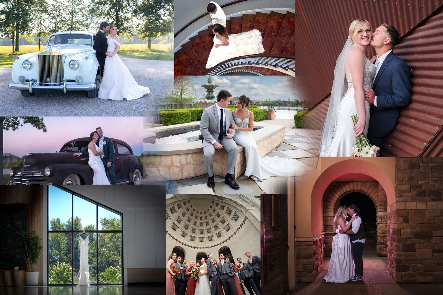 Collection of candid wedding moments captured throughout various indoor and outdoor locations.
