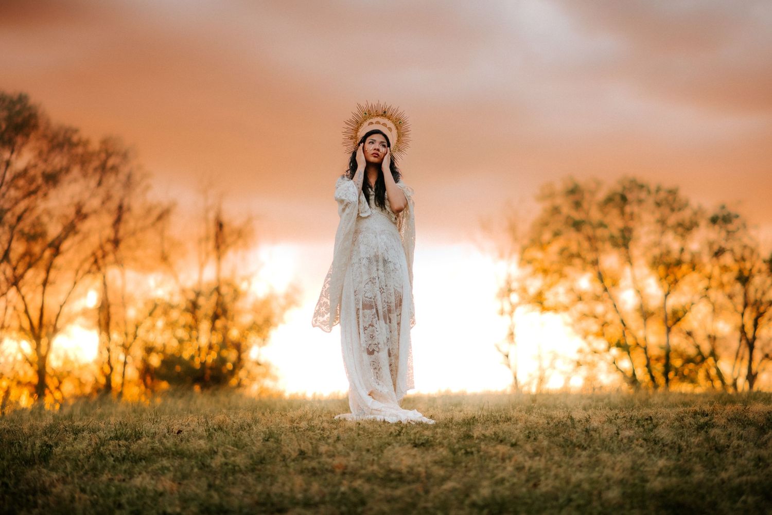 Birthday Portrait of woman with a crown, sunset, open field, golden hour, Clarksville Tennessee.