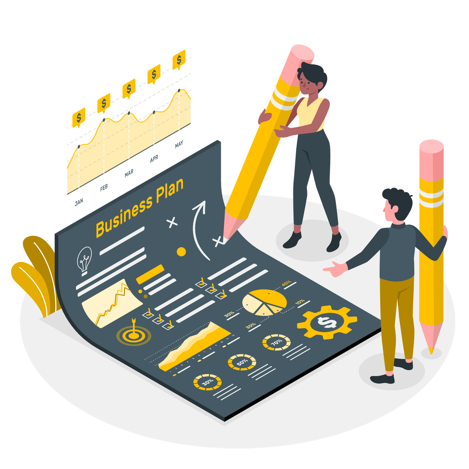 Two professionals creating a business plan with charts, graphs, and financial data in an isometric illustration.