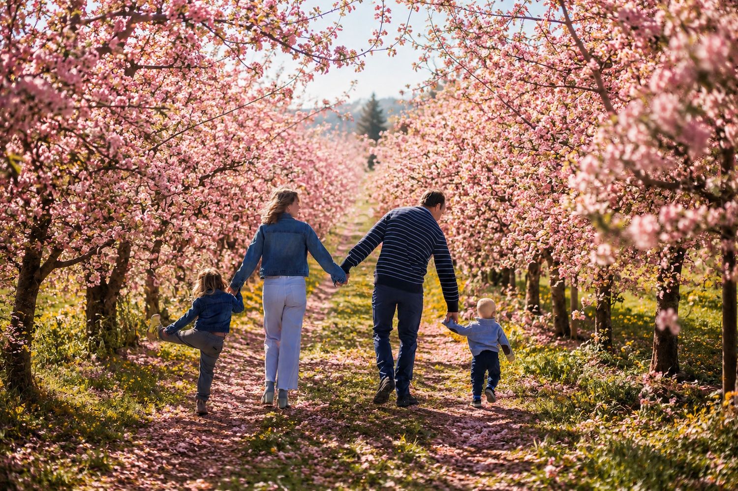 Family holding hands walking through blooming pink cherry blossom tree orchard in spring.