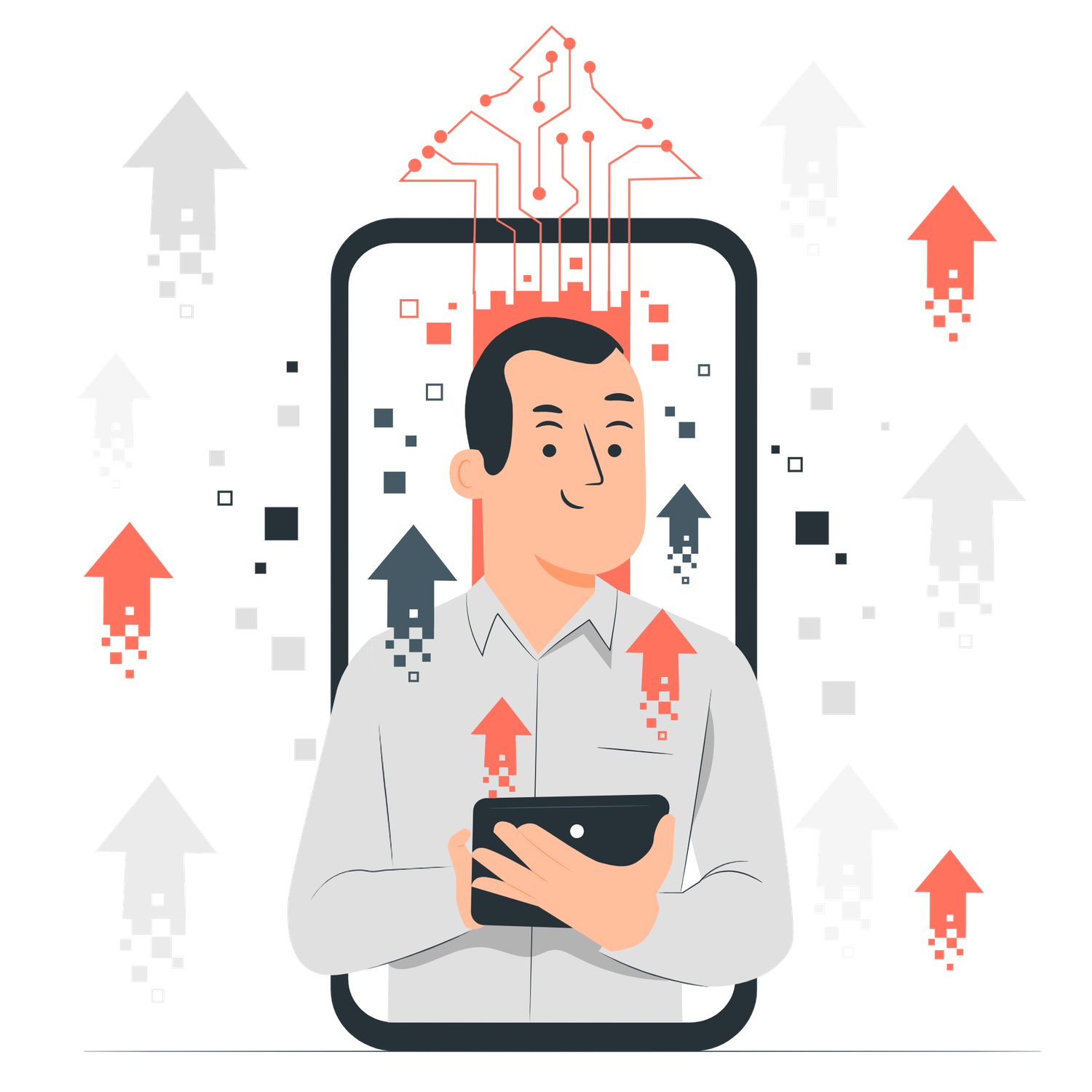 Man holding tablet emerging from smartphone screen with upward arrows and digital circuit elements symbolizing tech growth.