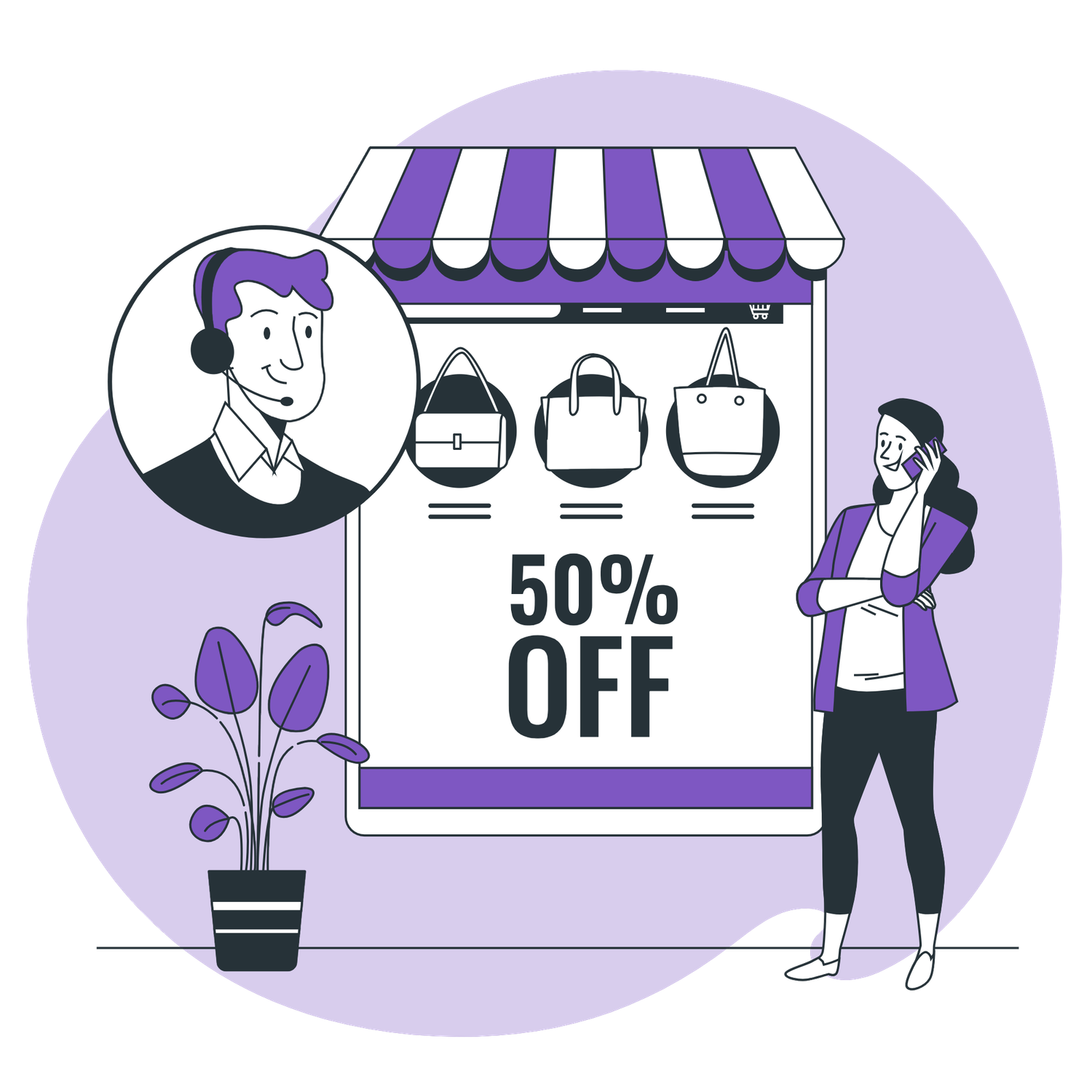 Customer browsing online shop with 50% off sale while chatting with a virtual support agent.