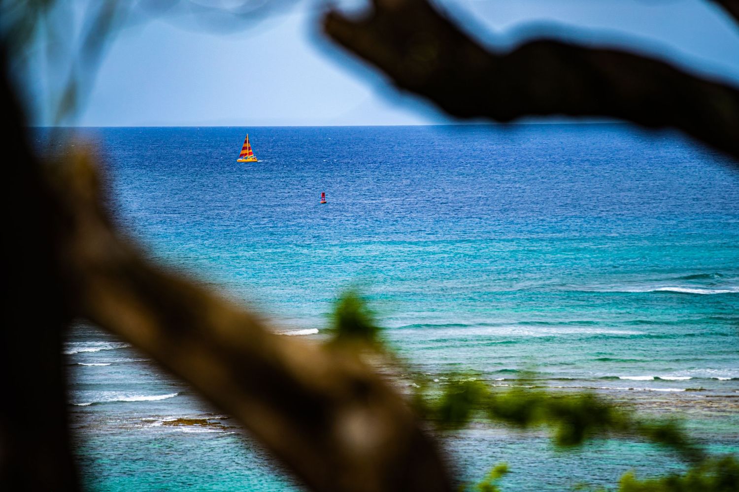 Palm trees sway over white beach chairs along a pristine Caribbean shoreline with turquoise waters and cloudy skies.