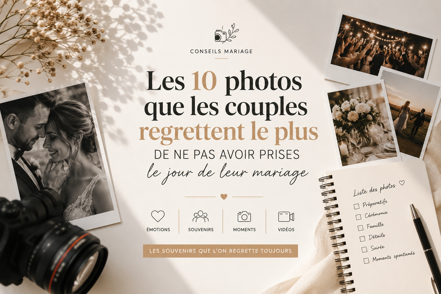 Guide de photographie de mariage français montrant les 10 photos manquées les plus regrettables, avec appareil photo, polaroids et carnet de