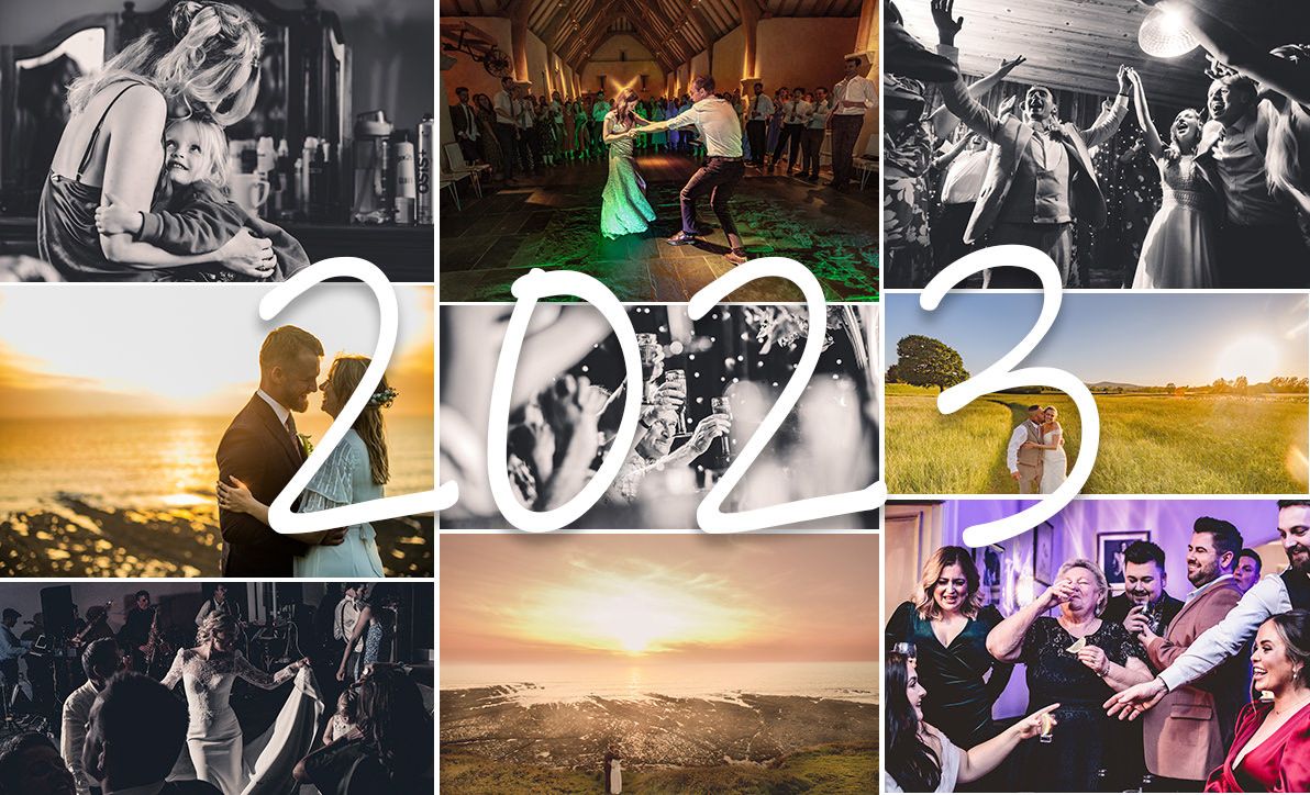 Wedding photo collage with 2022 text overlaid on dancing and celebration moments.