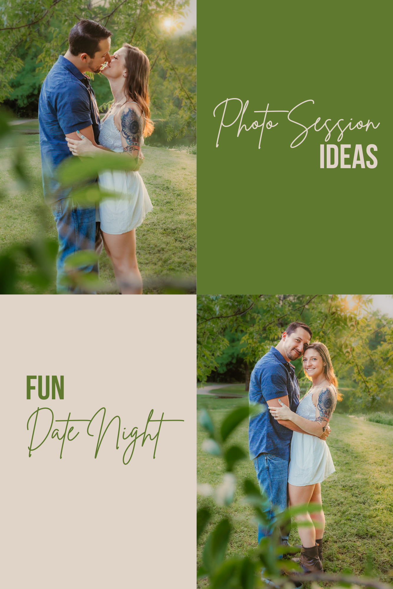Romantic couple photo session ideas with outdoor nature backdrop and soft lighting.