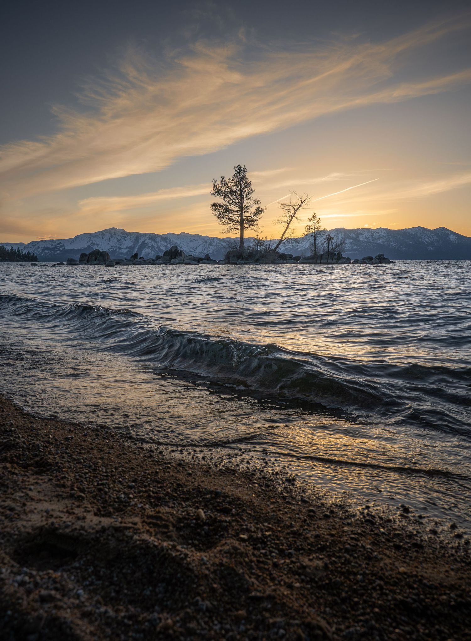 Dramatic sunset over Lake Tahoe with silhouetted pine tree and rolling waves crashing on rocky shore against mountain backdrop.
