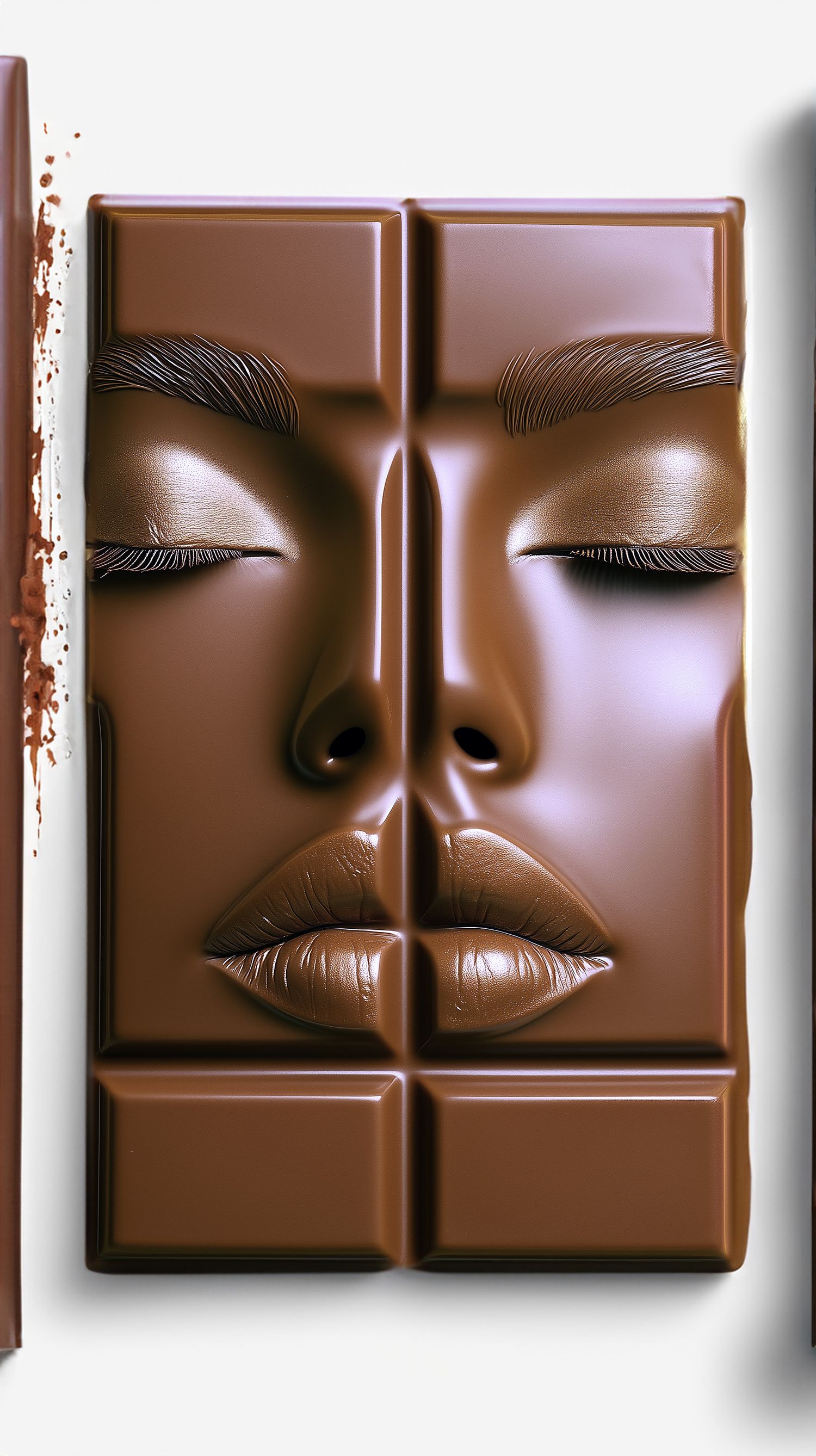 Creative chocolate bar design featuring sculptural facial features molded into smooth milk chocolate segments.