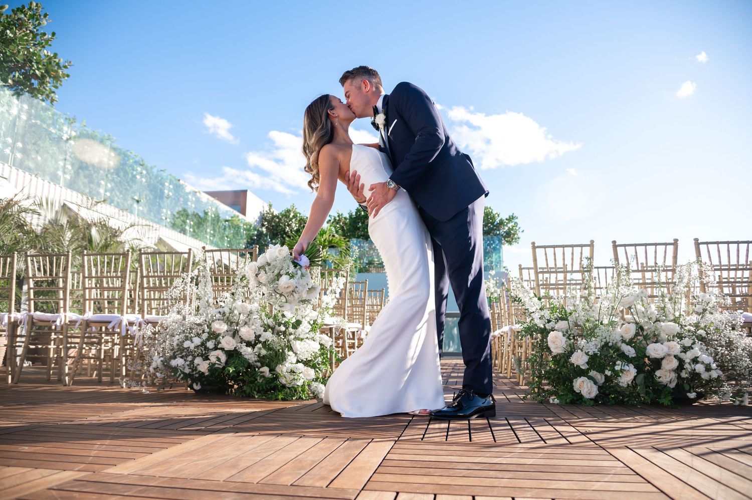 Bride and groom share first look at The Ray Hotel rooftop in Delray Beach, captured by Palm Beach wedding photographers