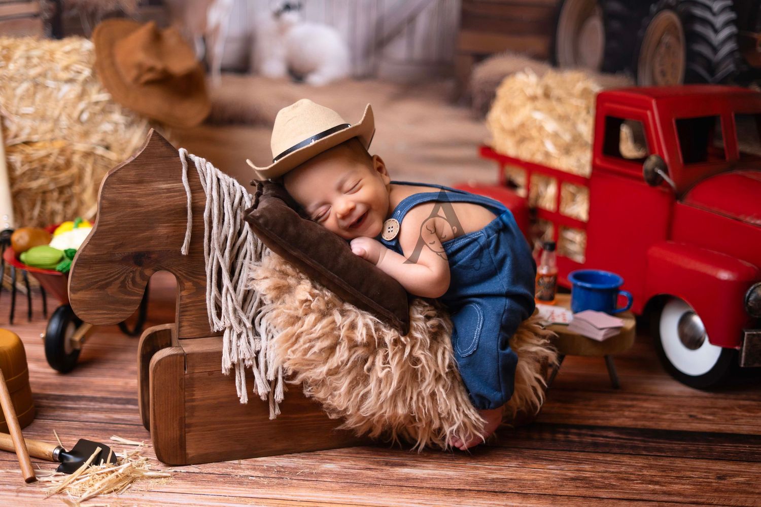 A small figure in denim overalls and cowboy hat sleeps peacefully in a rustic wooden bed with toy trucks nearby.