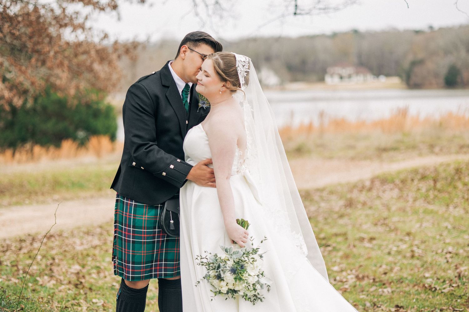 A romantic wedding photo series showing a couple in traditional Scottish kilted attire embracing outdoors in a rustic setting.