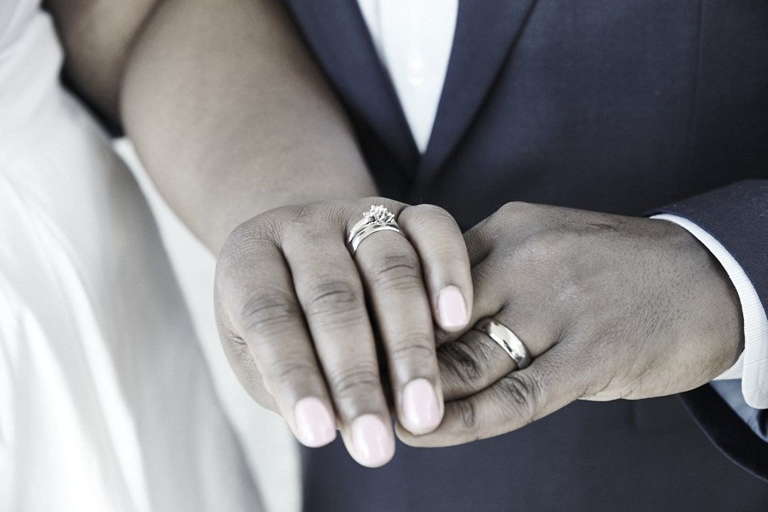 Closeup of bride and groom rings on hands