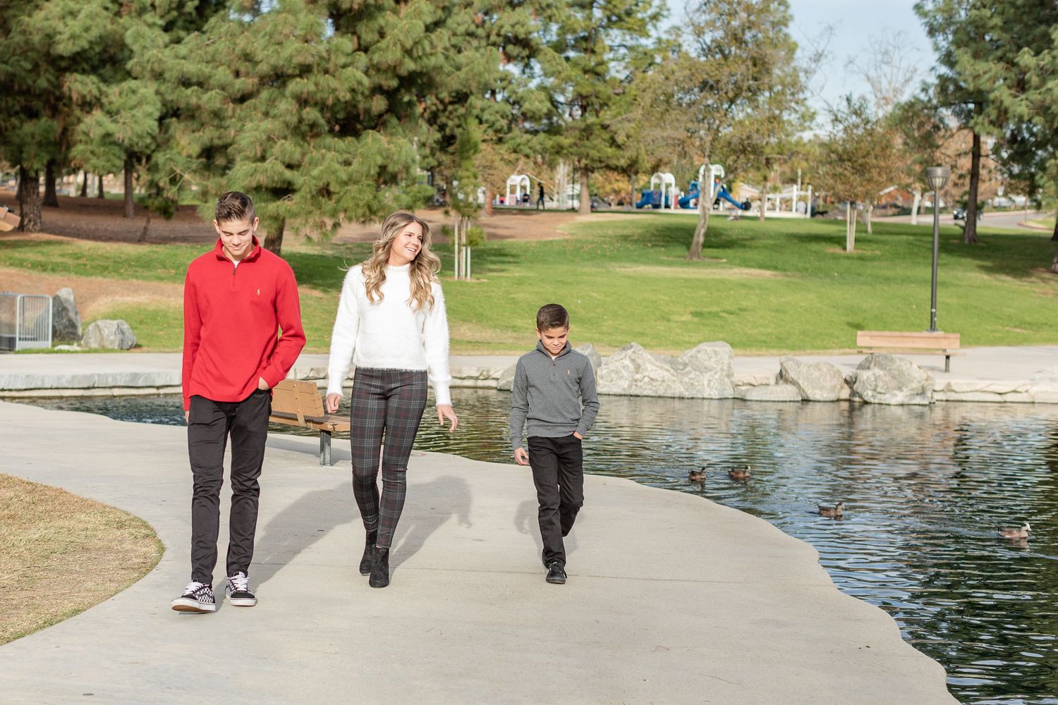 Taking a stroll around the lake at Redhill Park in Alta Loma, CA.