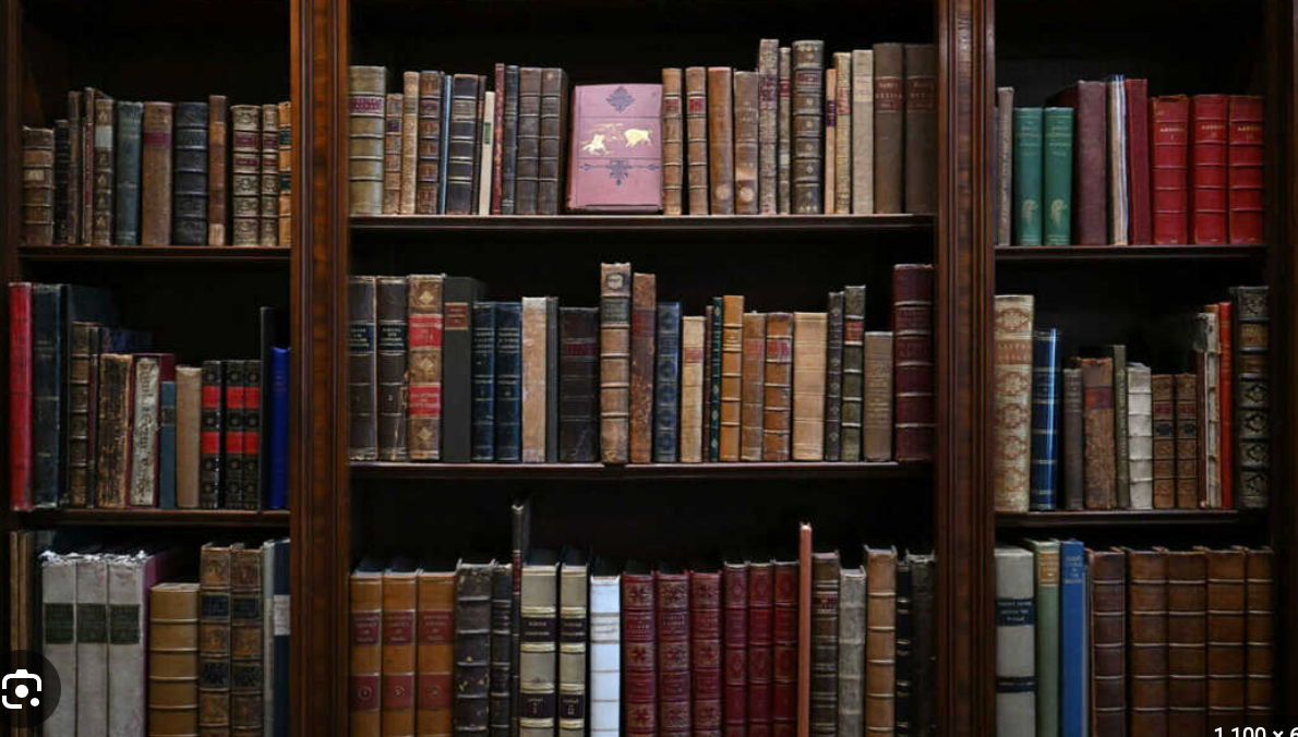 Vintage leather-bound books arranged on dark wooden library shelves with spines of varying colors and sizes.
