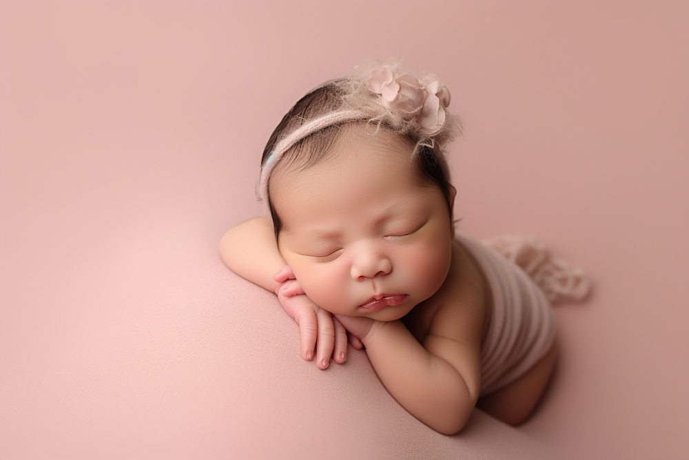 Sleeping newborn wearing pink headband posed on pink backdrop in professional portrait style.
